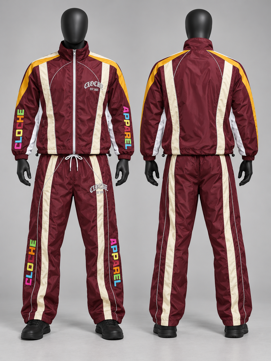 Burgundy Cloche Racer windbreaker tracksuit jacket and pants, front and clean back view