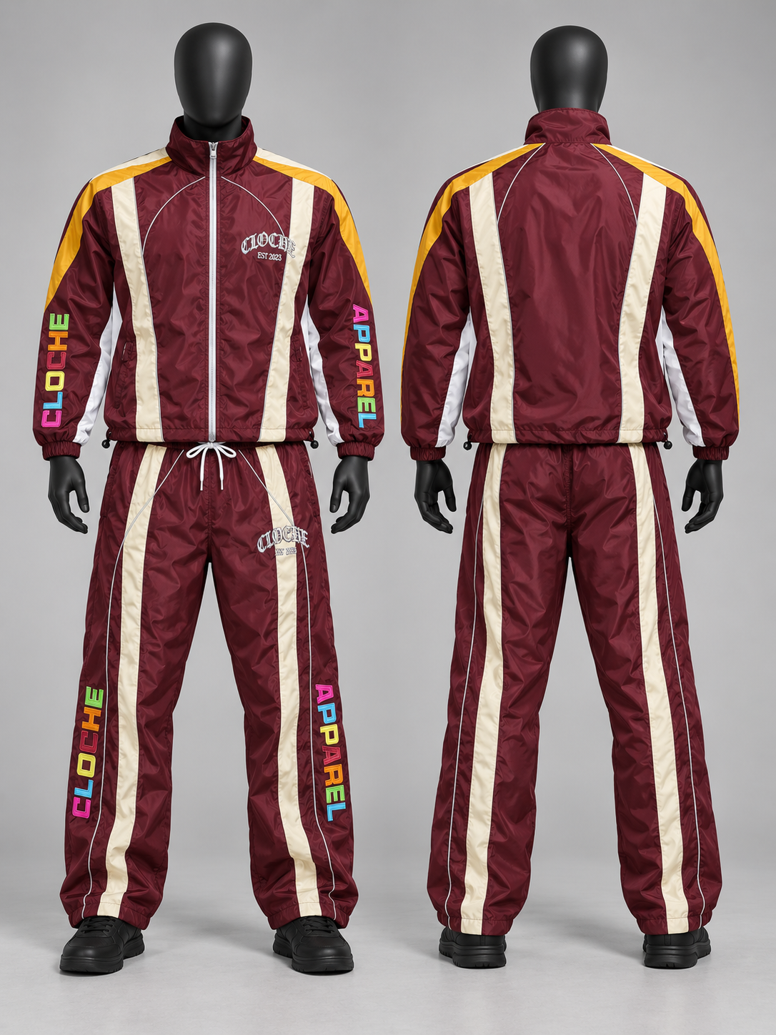 Burgundy Cloche Racer windbreaker tracksuit jacket and pants, front and clean back view