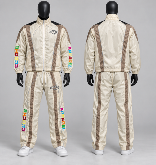 Cream Cloche Racer windbreaker tracksuit jacket and pants, front and clean back view