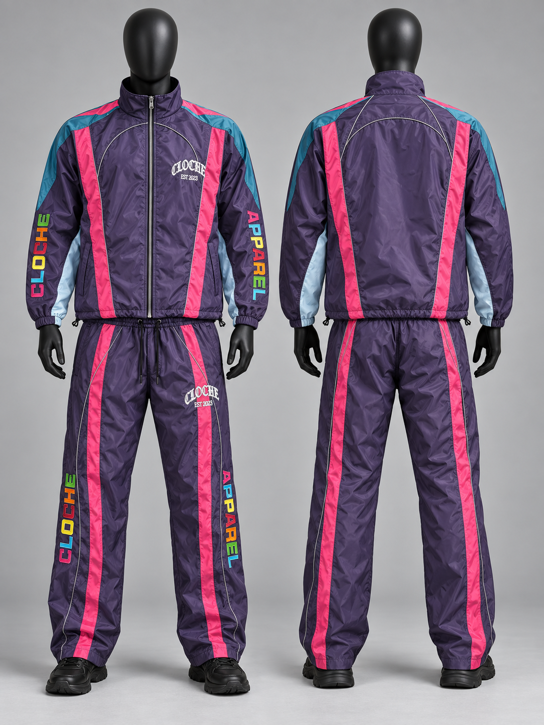 Purple Cloche Racer windbreaker tracksuit jacket and pants, front and clean back view