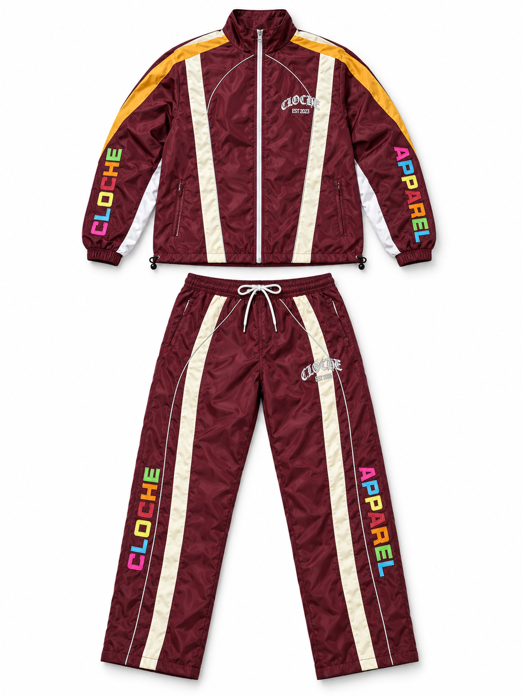 Burgundy Cloche Racer windbreaker set with cream racing stripes, reflective piping and multicolor embroidered Cloche Apparel lettering