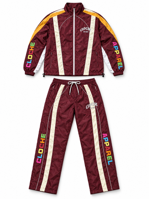 Burgundy Cloche Racer windbreaker set with cream racing stripes, reflective piping and multicolor embroidered Cloche Apparel lettering