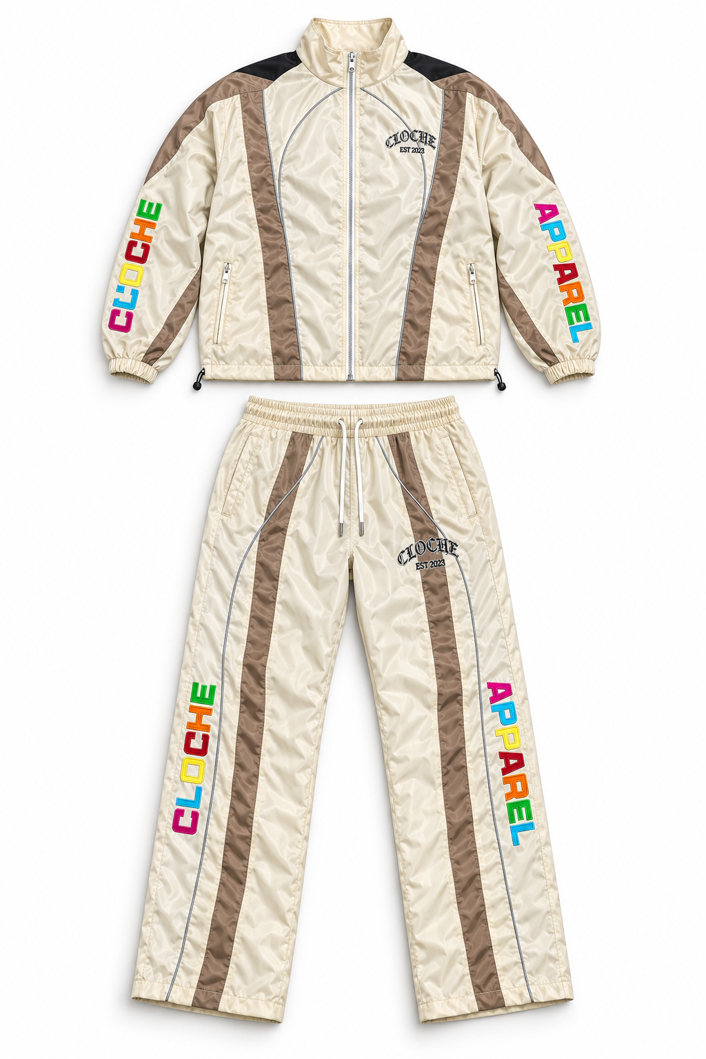 Cream Cloche Racer windbreaker set with mocha racing panels, reflective piping and multicolor embroidered Cloche Apparel lettering