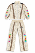 Cream Cloche Racer windbreaker set with mocha racing panels, reflective piping and multicolor embroidered Cloche Apparel lettering