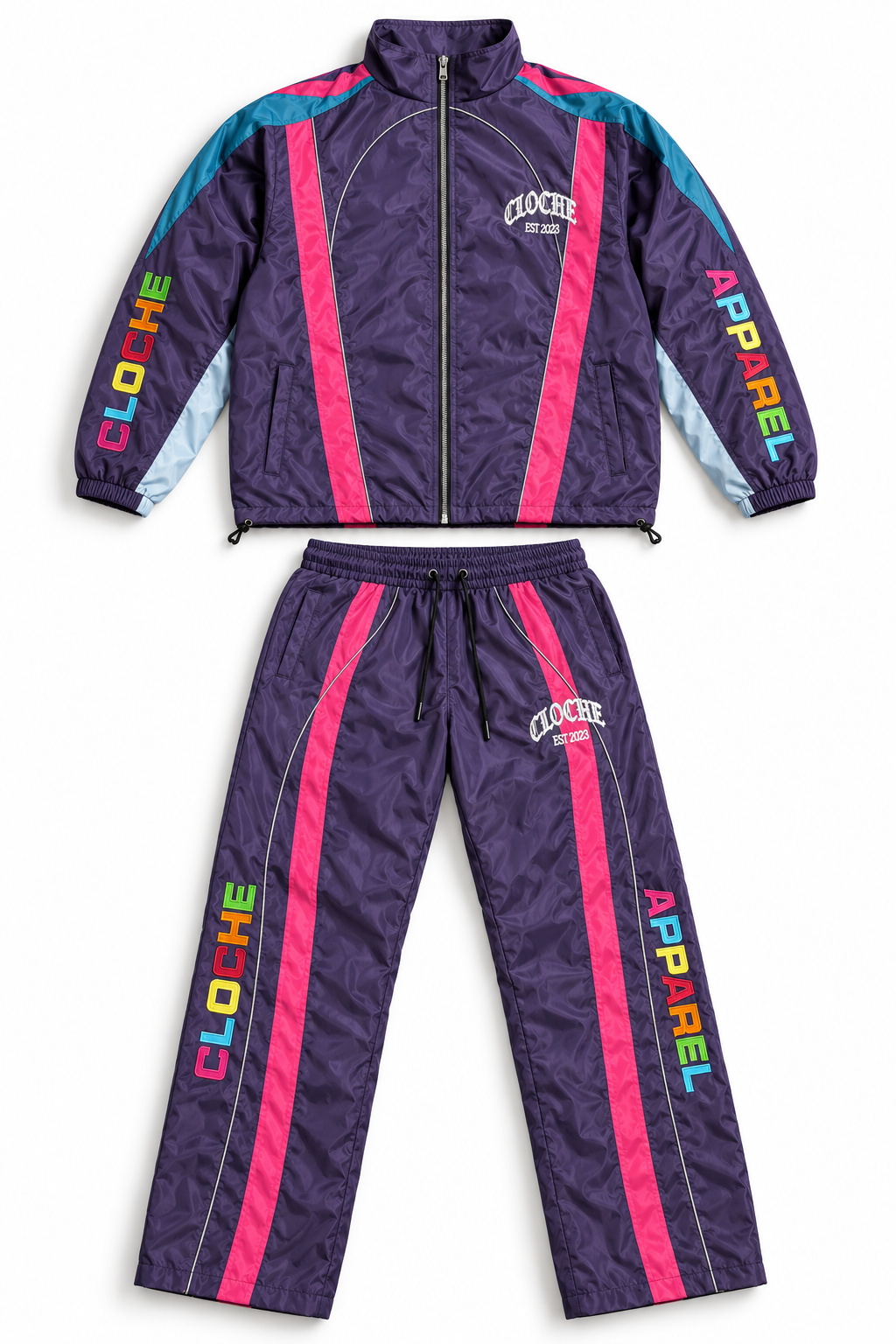 Purple Cloche Racer windbreaker set with hot pink racing stripes, reflective piping and multicolor embroidered Cloche Apparel lettering