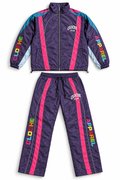 Purple Cloche Racer windbreaker set with hot pink racing stripes, reflective piping and multicolor embroidered Cloche Apparel lettering