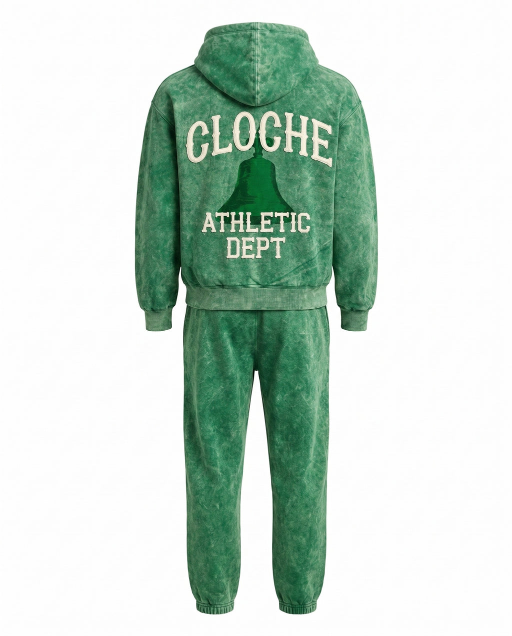 Green Cloche acid wash sweatsuit back view with CLOCHE ATHLETIC DEPT bell graphic