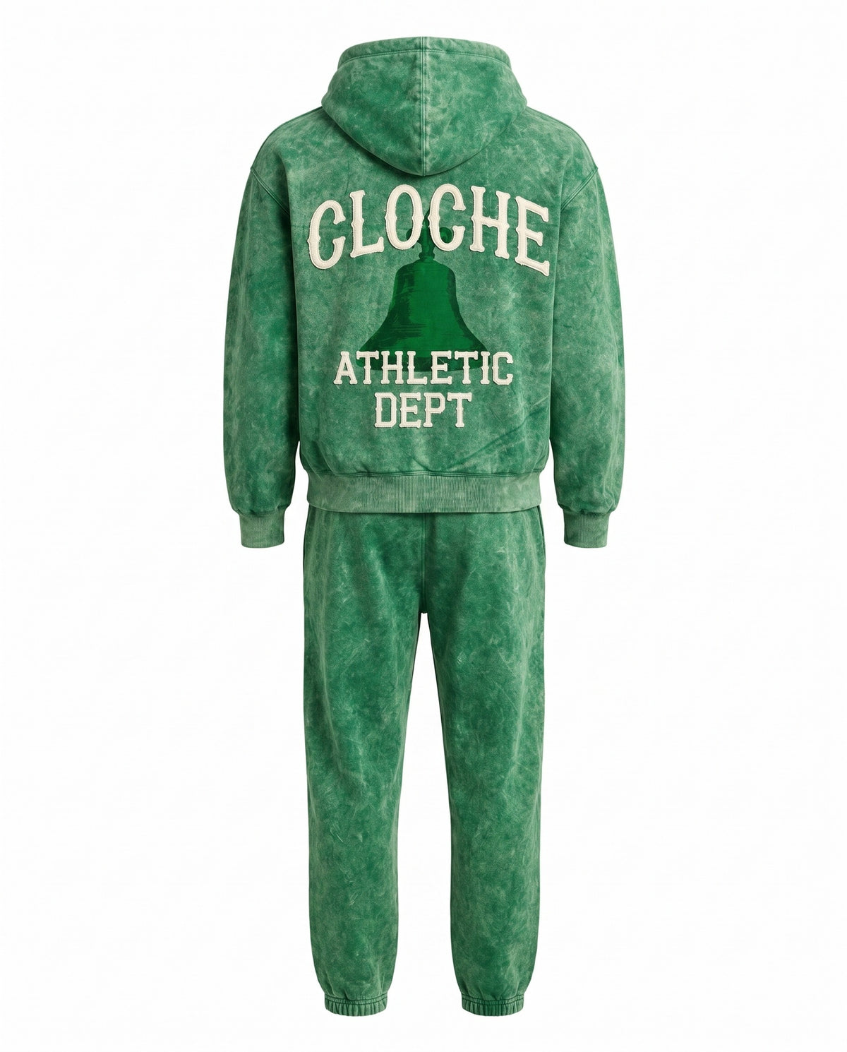 Green Cloche acid wash sweatsuit back view with CLOCHE ATHLETIC DEPT bell graphic