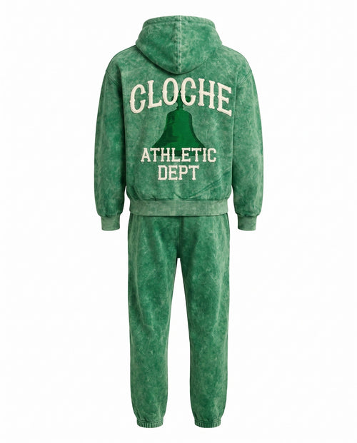 Green Cloche acid wash sweatsuit back view with CLOCHE ATHLETIC DEPT bell graphic