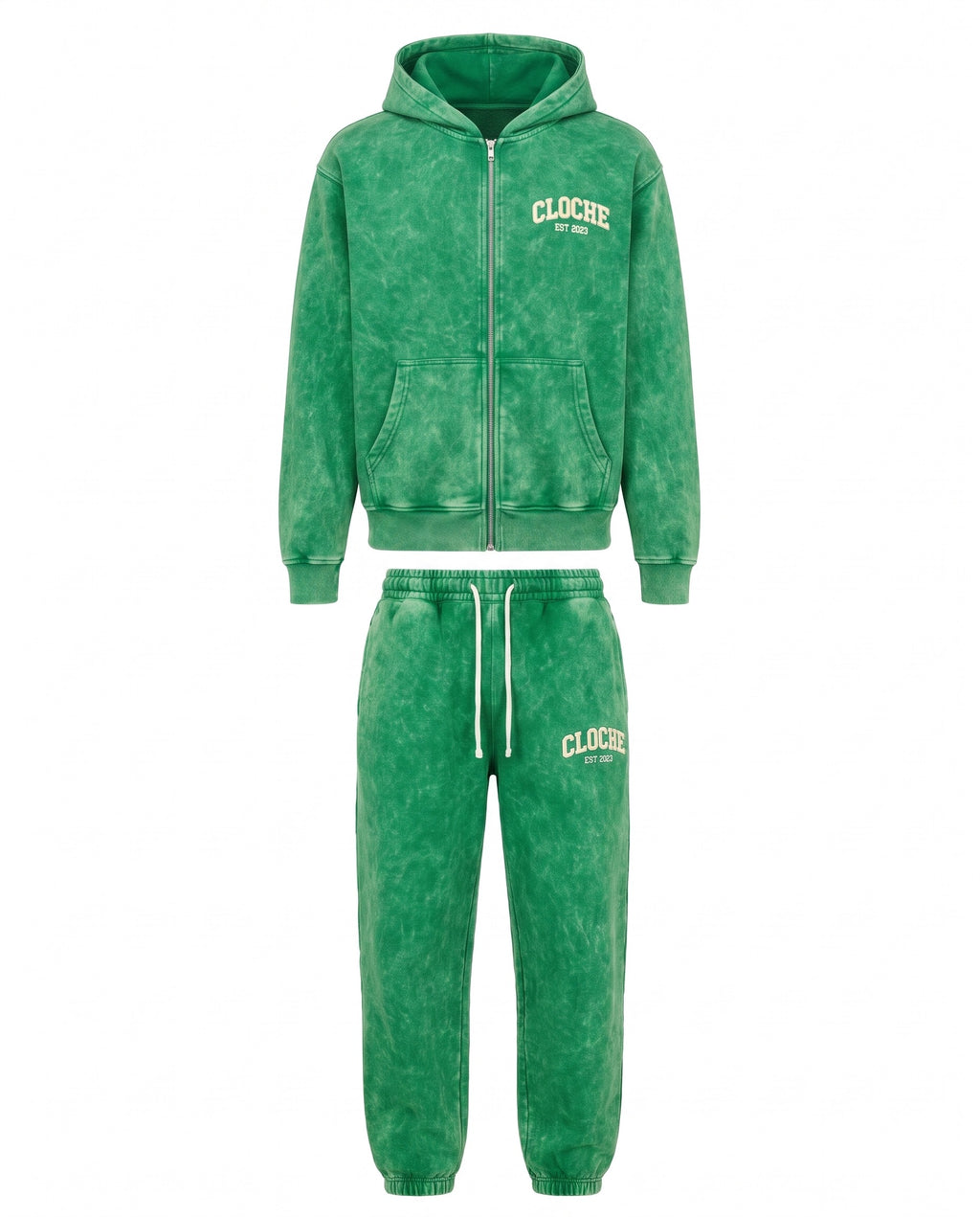 Green Cloche acid wash zip hoodie and sweatpants front view with cream CLOCHE EST 2023 embroidery