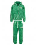 Green Cloche acid wash zip hoodie and sweatpants front view with cream CLOCHE EST 2023 embroidery