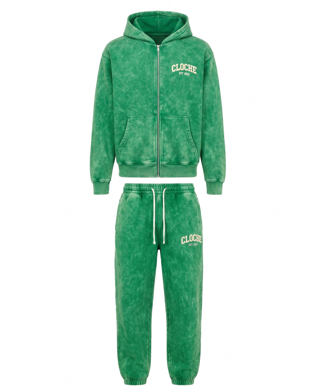 Green Cloche acid wash zip hoodie and sweatpants front view with cream CLOCHE EST 2023 embroidery