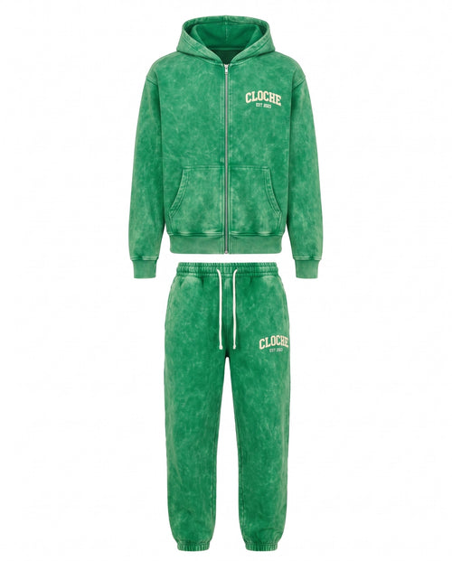 Green Cloche acid wash zip hoodie and sweatpants front view with cream CLOCHE EST 2023 embroidery