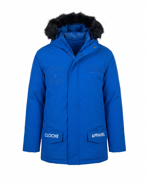 Blue Cloche Parka Coat front view with black faux-fur hood, embossed chest logos and CLOCHE APPAREL pocket flaps