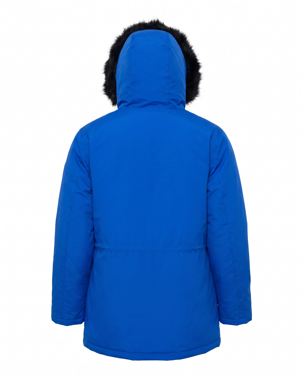 Blue Cloche Parka Coat back view with faux-fur trimmed hood
