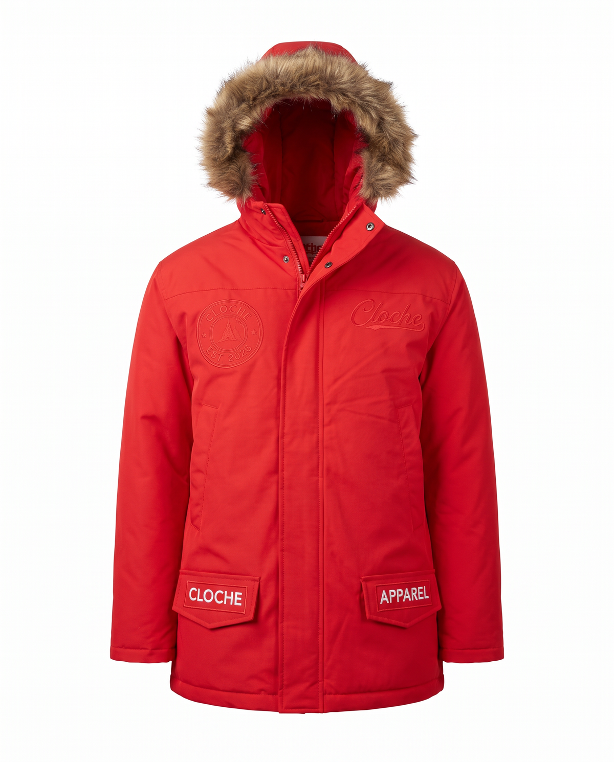 Red Cloche Parka Coat front view with brown faux-fur hood and CLOCHE APPAREL pocket flaps