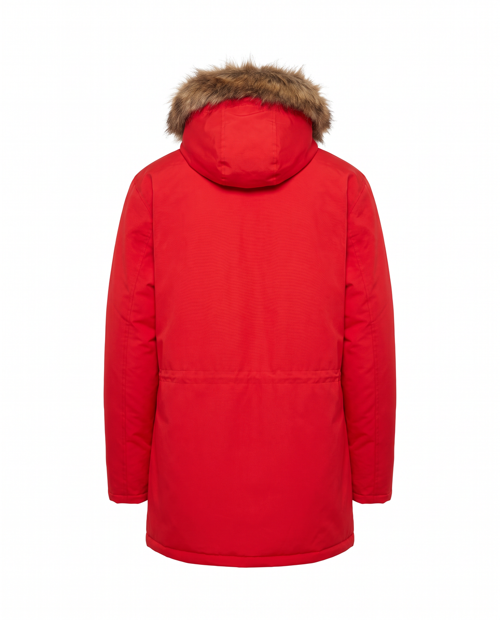 Red Cloche Parka Coat back view with faux-fur trimmed hood