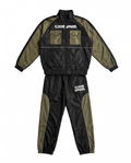 Olive Cloche Classic Windbreaker Set front view, black and olive jacket and pants with CLOCHE APPAREL lettering