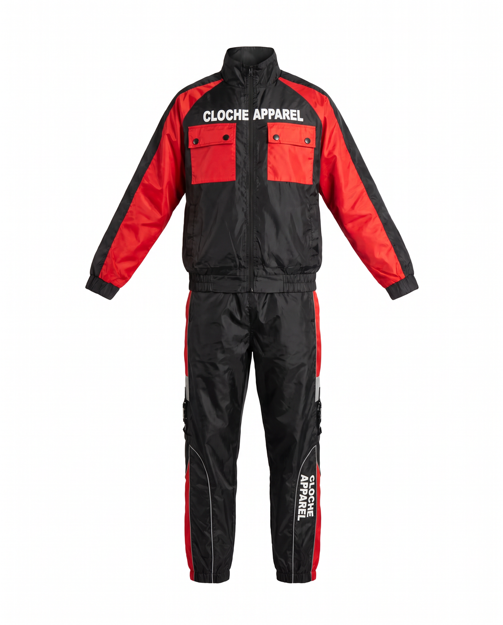 Red Cloche Classic Windbreaker Set front view, black and red jacket and pants with CLOCHE APPAREL lettering