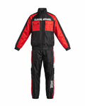 Red Cloche Classic Windbreaker Set front view, black and red jacket and pants with CLOCHE APPAREL lettering
