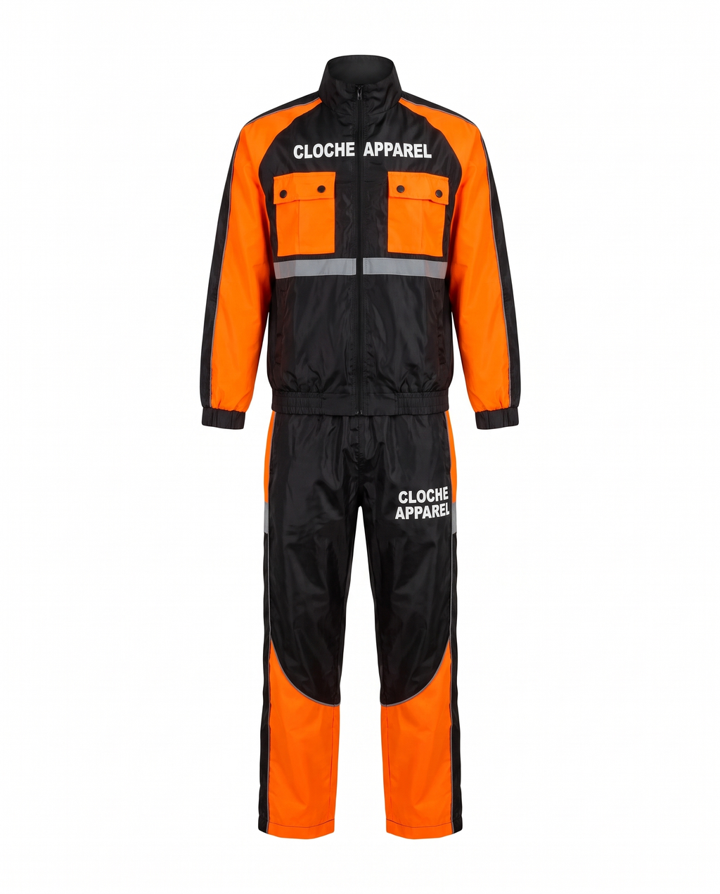 Orange Cloche Classic Windbreaker Set front view, black and orange jacket and pants with CLOCHE APPAREL lettering