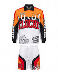 Cloche Moto Windbreaker Short Set front view, orange red white and black racing jacket with flame graphics and matching 88 shorts