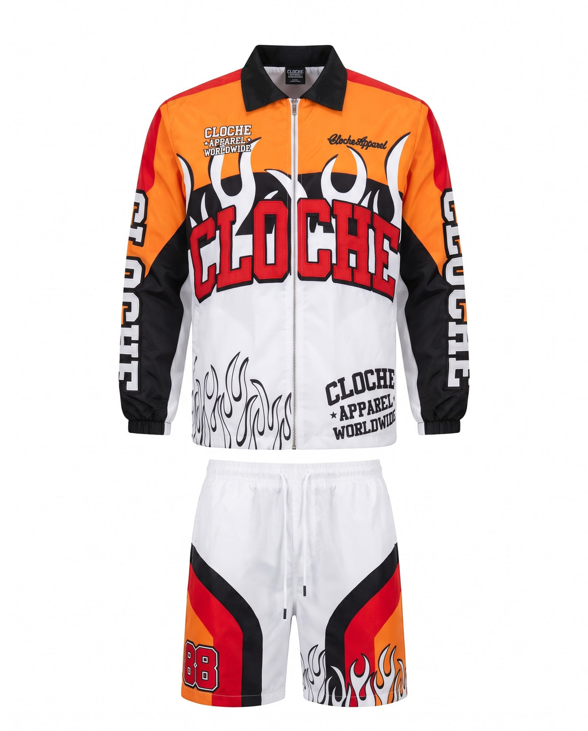 Cloche Moto Windbreaker Short Set front view, orange red white and black racing jacket with flame graphics and matching 88 shorts