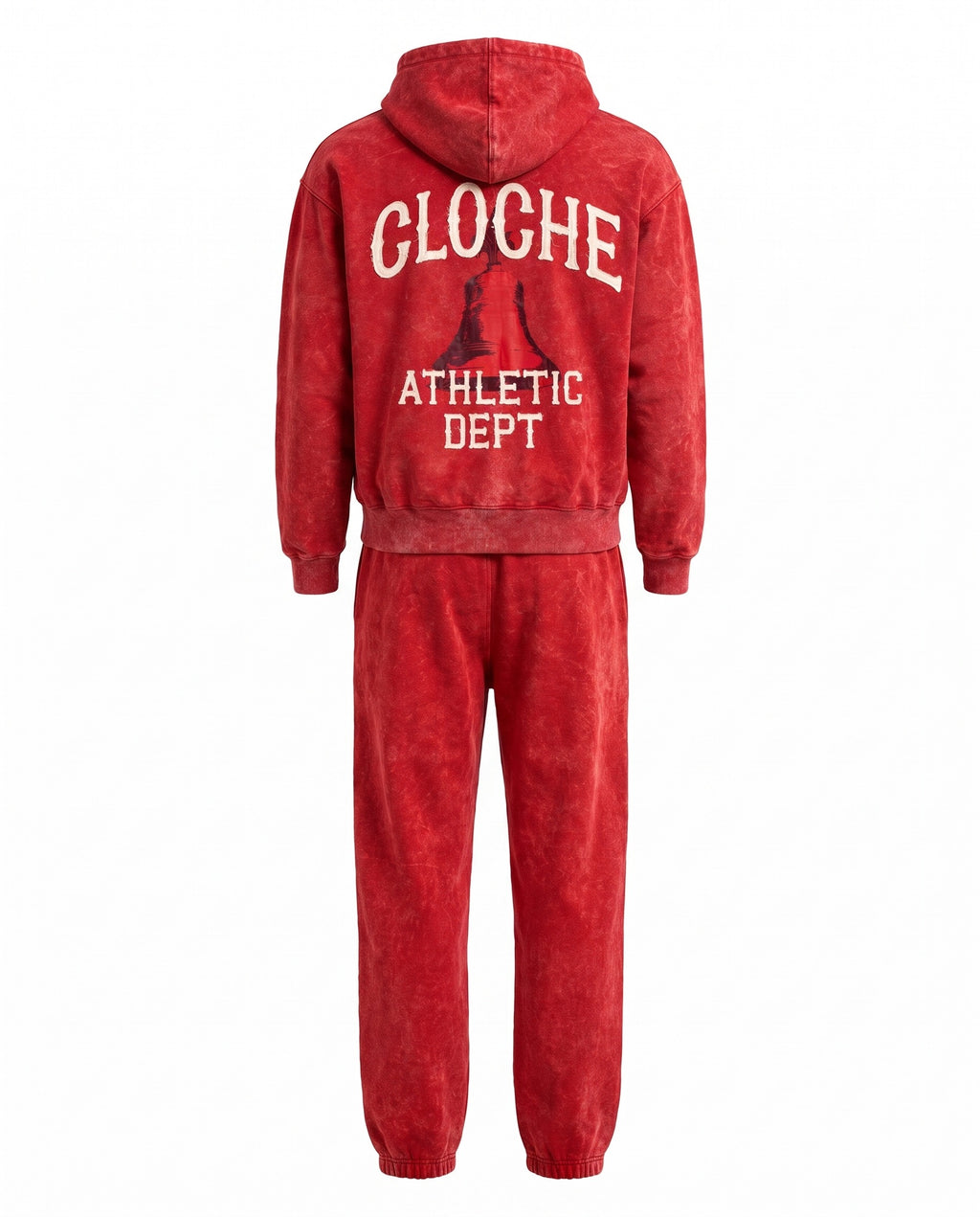 Red Cloche acid wash sweatsuit back view with CLOCHE ATHLETIC DEPT bell graphic