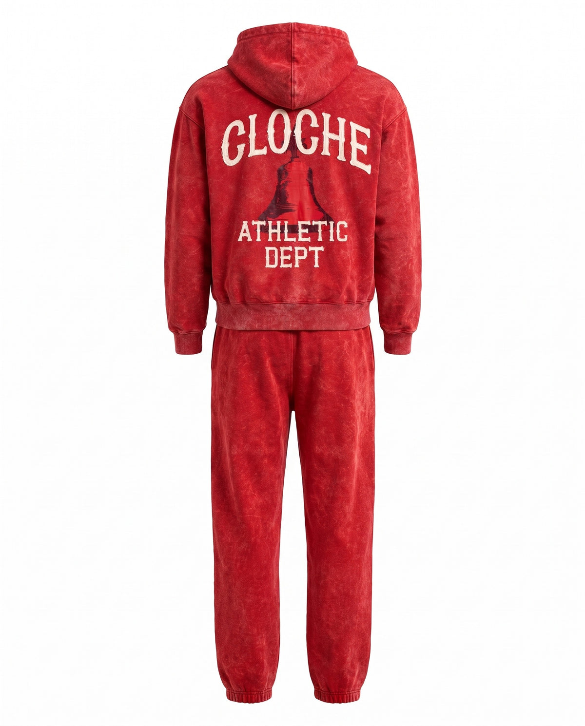 Red Cloche acid wash sweatsuit back view with CLOCHE ATHLETIC DEPT bell graphic