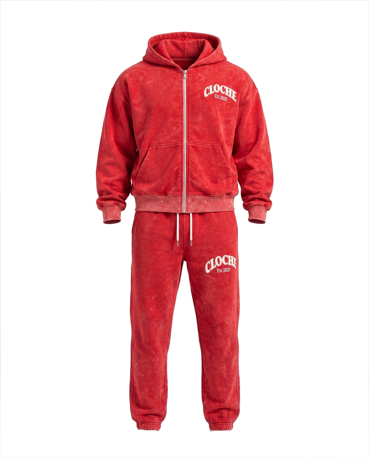 Red Cloche acid wash zip hoodie and sweatpants front view with cream CLOCHE EST 2023 embroidery